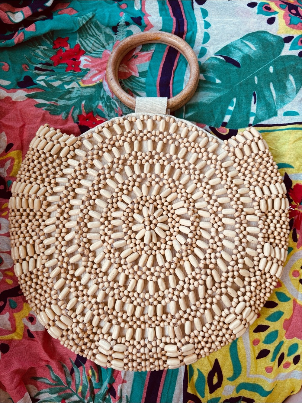Handmade Natural Wooden Beaded Round Handbag Snap Close Cotton Lined Tote Purse - Picture 6 of 15